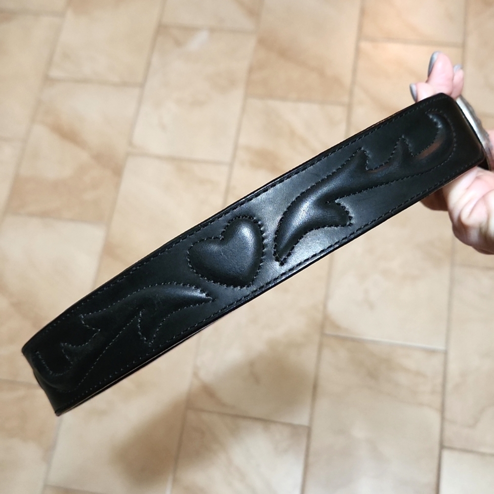 Brighton Out West Black Scroll Heart Embossed Leather Belt RARE